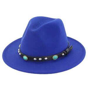 Blue Wide Brim Fedora Hat Felt Panama Jazz Cap Unisex Men Women,Turquoise Strap